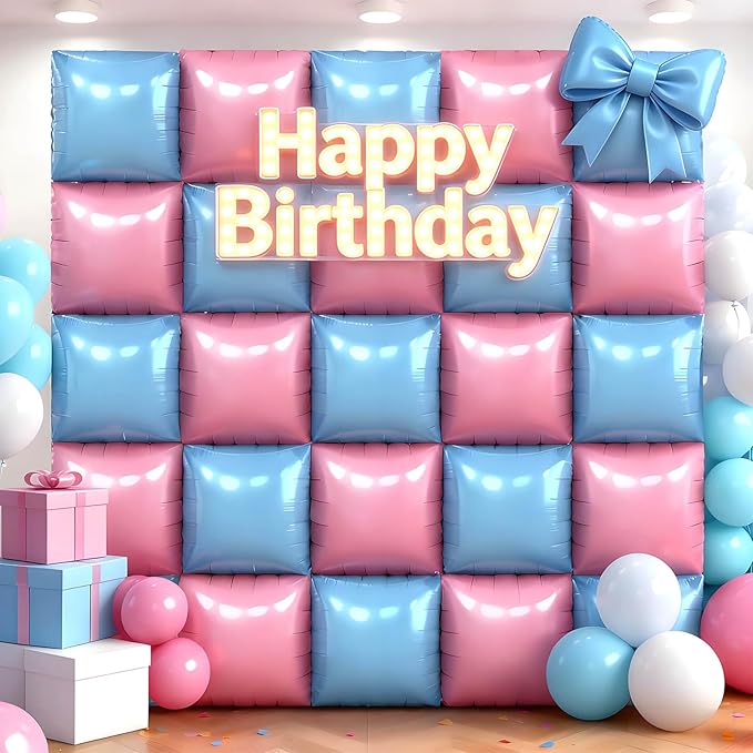 50Pcs Pink and Blue Square Foil Balloons Wall Backdrop, Double Sided Metallic Foil Balloons Tunnel Arch Garland Kit for Photo Booth Birthday Wedding Halloween Christmas Party Decorations