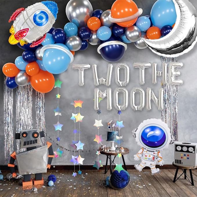 Two The Moon Balloons, 16inch Silver Letter foil Balloons Large Moon Man Robot UFO Theme for 2nd Years Old Brithday Party Supply Decoration