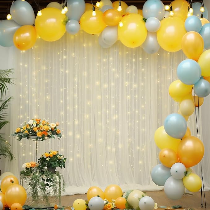 10x8ft Ivory Tulle Backdrop Curtain with Lights String for Parites, Sheer Backdrop Curtains for Wedding Baby Shower Birthday Party Photo Shoot Decorations