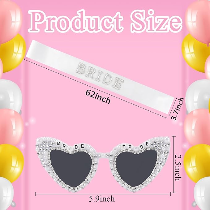 Bride to Be Sunglasses & Bride Sash Set - White Satin Sash with Rhinestone Lettering & Pearl-Embellished Sunglasses for Bachelorette Party, Bridal Shower & Wedding Celebrations