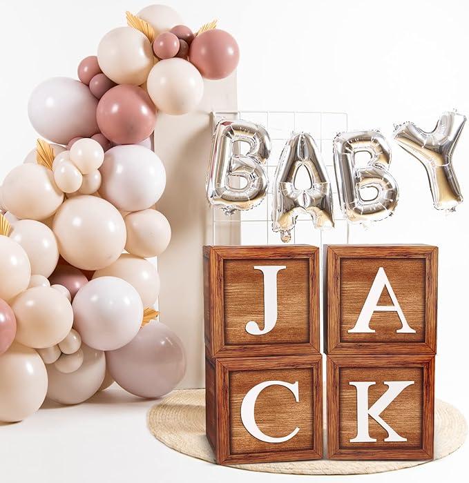 Baby Shower Decorations Boxes with 27 letters - 4 Wood Grain Brown Blocks with 27 Letters, First Birthday Centerpiece Decor, Teddy Bear Baby Shower Supplies, Gender Reveal Backdrop