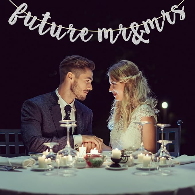 Future Mr & Mrs Banner, Engagement Decorations for Bridal Shower, Bride and Groom Party Pre-Strung (Silver Glitter)