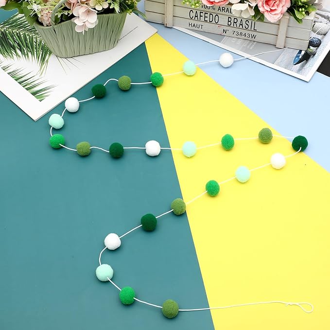 Irenare 9.8ft Pom Pom Garland Felt Rainbow Garland Graduation Party Decoration Colorful Pennant Tassel Banner Birthday Baby Shower Triangle Banner for Classroom School Mantel Fireplace(Gradient Green)