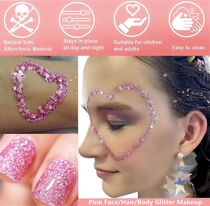 Go Ho Pink Face Body Glitter Gel,Pink Face Paint Makeup Holographic Chunky Sequins Glitters for Hair,Nails,and Lip,Long-Lasting Hair Glitter with Sequins,52g