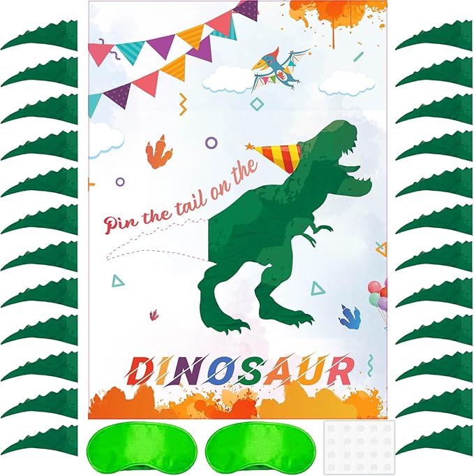 T-Antrix Pin The Tail on The Dinosaur Game -Dinosaur Party Games for Kids Boys with 21'' x 28'' Poster, Reusable Tails Party Supplies for Kids Girls Birthday Party Favor Sets