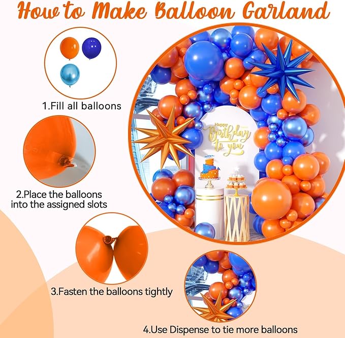Orange and Blue Balloon Arch Garland Kit, Royal Blue Metallic Gold Orange Balloons with Star Foil Balloons for Boy Men Birthday Party Graduation Decorations Baby Shower Backdrop