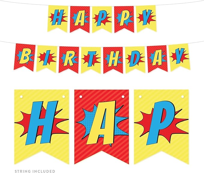 Andaz Press Hanging Pennant Banner Party Decorations, Superhero Pow Bam Style Theme, Happy Birthday, 1-Pack, Approx. 5-Feet