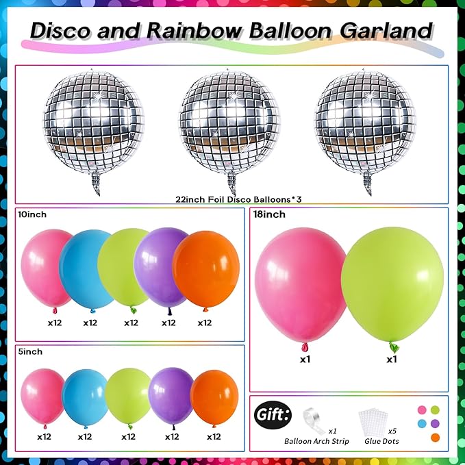 Neon Balloon Arch Garland Kit, Colorful Rainbow 70s 80s 90s Theme Party Decorations, Pink Purple Lime Green Orange Blue & Disco Ball Balloons for Retro Nostalgia Prom Birthday Part Decoration Supplies