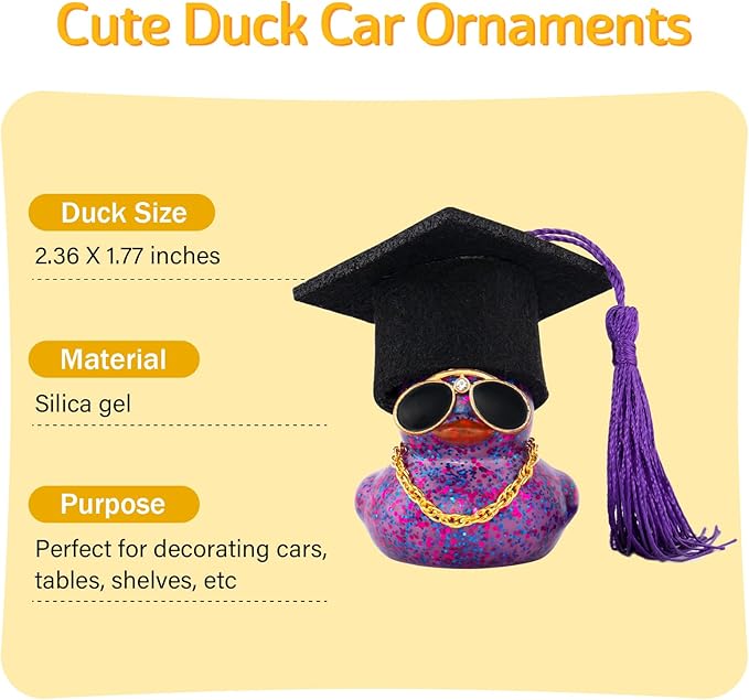 wonuu Car Dashboard Decor Graduation Hat Color Rubber Duck, Car Ducks Ornaments with Mini Graduation Hat Necklace Sunglasses (Glitter, Dark Purple)