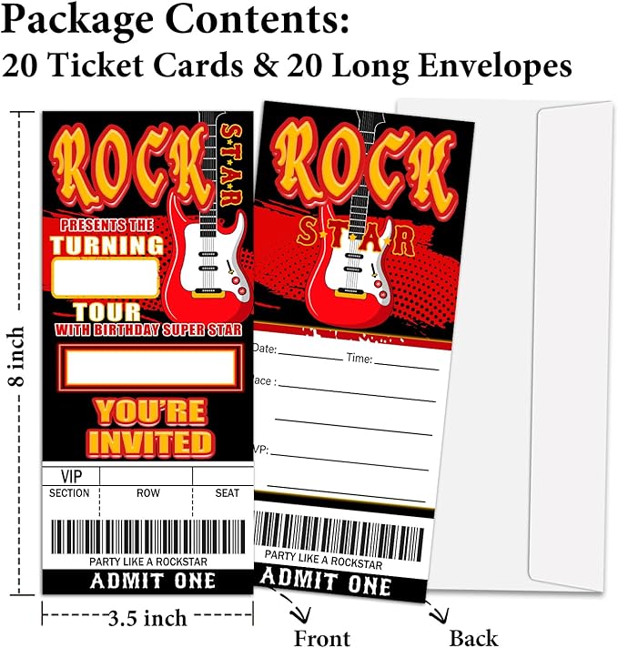 Rockstar Birthday Invitation Ticket, Rock Star Birthday Invitation for Teen Adult, 20 Pop Star Ticket With Envelopes, 3.5 x 8" Double-Sided Fill In Birthday Party Personalized Invites Cards - Red