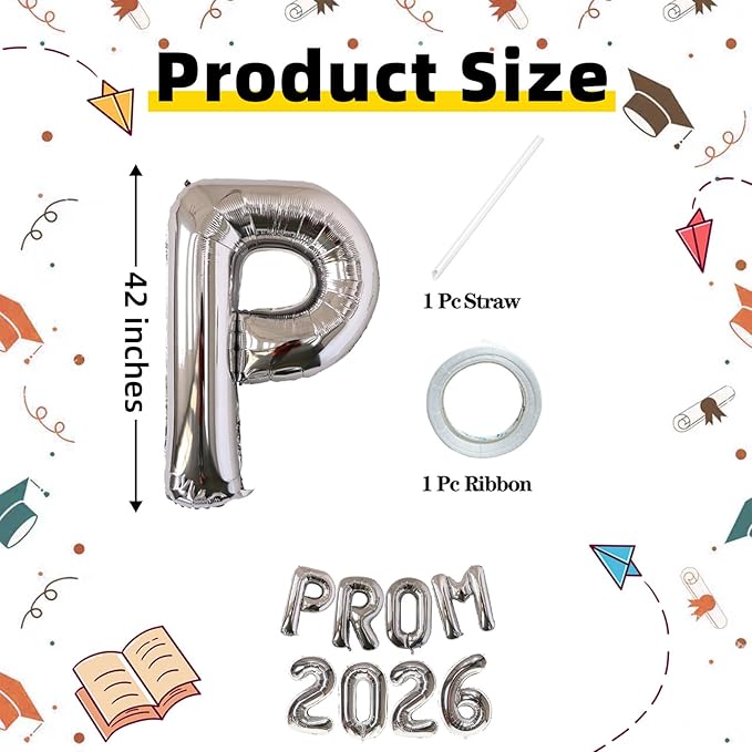 KALOR 42 Inch Silver Letter PROM 2026 Balloons Jumbo Foil Mylar Helium Big Balloons for Graduation Party Decorations