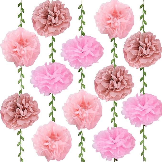 Pink Flower Garland for Backdrop - 2 Pcs Hanging Paper Flower Garlands for Wedding Arch Baby Shower Decor, 8.2 Ft Artificial Floral Vines for Living Room Wall Birihday Party Decoration
