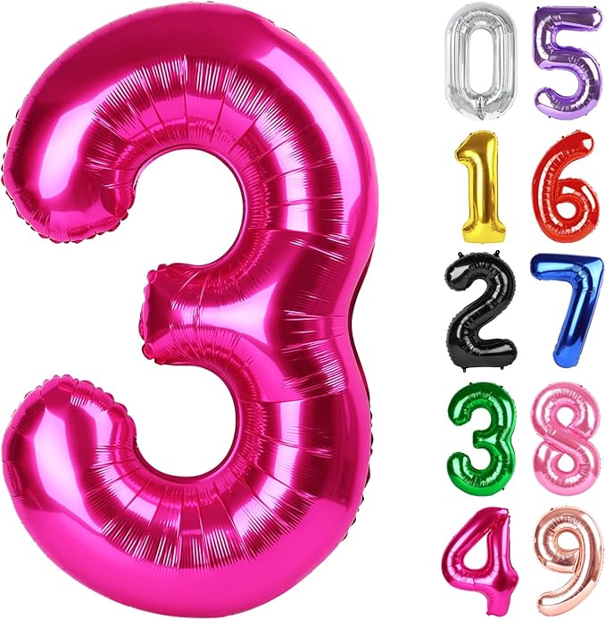 Hot Pink Number 3 Balloon 40 Inch, 3rd Birthday Celebration Supplies for Girls Boys Women Men, 3 Balloon for Girls Boys Theme Party