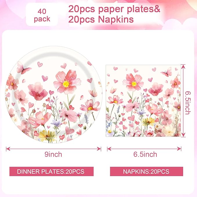 Spring Flowers Plates and Napkins Sets Pink Floral Party Supplies Wildflower 9inch 20pcs Paper Plates and 20pcs Napkins Tableware Party Decorations for Anniversary Wedding Birthday