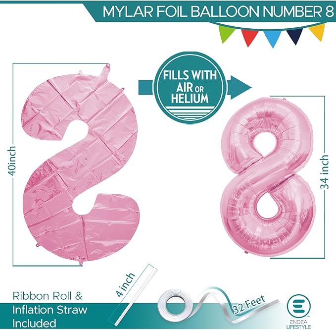 40 Inch Large Pink Number Celebration and Decoration Balloon for Birthday Parties, Graduations, Anniversaries, Weddings, Photo Shoots, Special Events - Helium Foil Mylar (Pink Number 8)