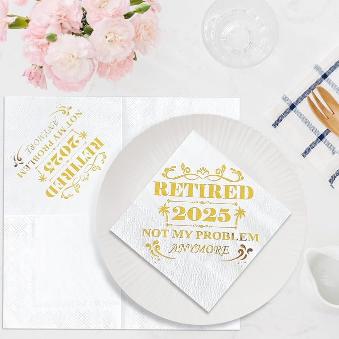 Retired 2025 Cocktail Napkins, 50 Pack 3-Ply Retirement Party Decorations Supplies, Gold Foil Disposable Napkins for Farewell,Coworker Goodbye & Going Away Celebration (5"x5")
