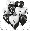 Black White Heart Balloons with Ribbon Bow, 18 Inch Matt Black and White Heart Shape Foil Helium Balloon with Bow Decoration for Birthday Wedding Graduation Engagement Valentines Bachelorette Party
