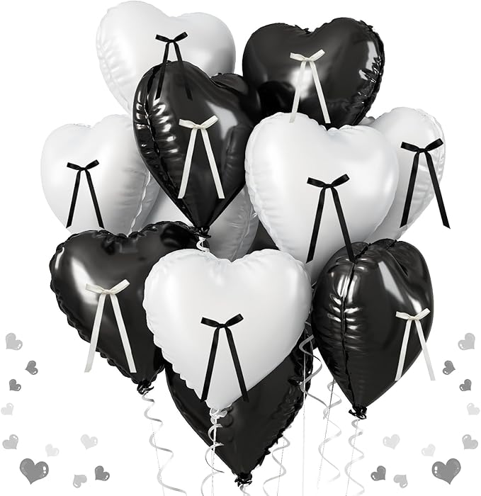 Black White Heart Balloons with Ribbon Bow, 18 Inch Matt Black and White Heart Shape Foil Helium Balloon with Bow Decoration for Birthday Wedding Graduation Engagement Valentines Bachelorette Party