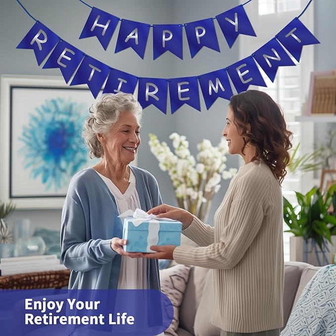 Happy Retirement Banner Assembled GAGAKU Blue and Silver Retirement Party Decorations Supplies Kit Blue White Paper Pennant Banner for Men Women Office Farewell Party