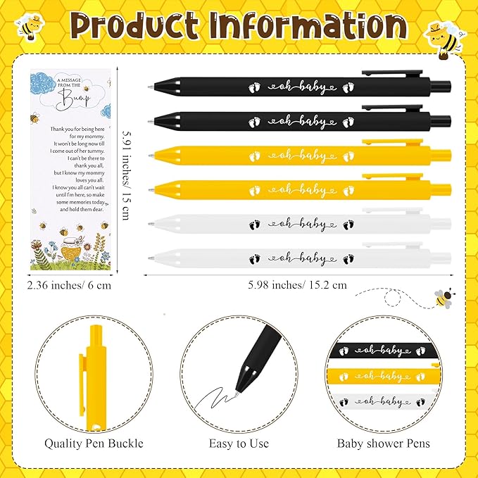 Highergo 100 Pcs Baby Shower Party Favors Bulk 50 Animal Keychains 50 Ballpoint Pens with Thank You Cards Gender Reveal Gift for Guest Baby Shower Souvenir Prize(Bee)