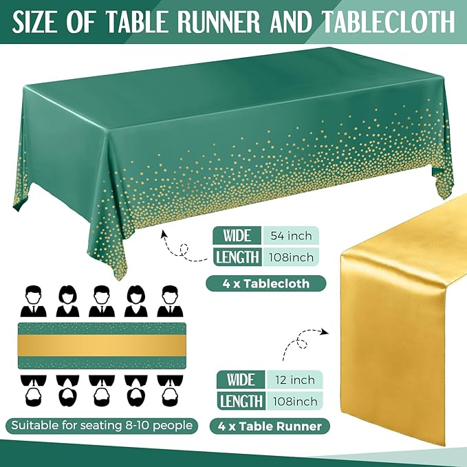 Breling 8 Pack Green and Gold Disposable Plastic Tablecloths and Satin Table Runner Set, 54 x 108 Inch Tablecloth, 12 x 108 Inch Table Runners for Wedding Graduation Birthday Baby Shower New Year