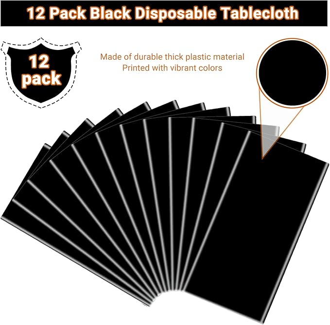 MRJ 12 Packs Black Plastic Tablecloths 54x108 Inch, Disposable Rectangle Table Cover for Parties Wedding Buffet & Camping