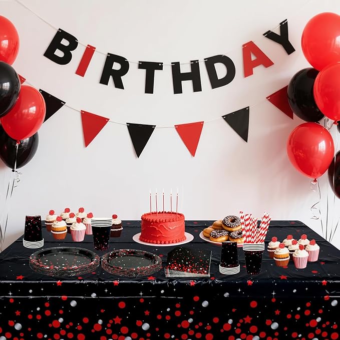 KEFAN Red Black Birthday Party Decorations, Red Black Theme Party Tableware Supplies including Plates, Cups, Napkins, Tablecloth (20)