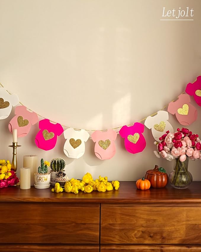 Pink Baby Shower Paper Garland Short-Sleeve Bodysuits Clothesline Garland Gender Reveal Birthday Banner Baby Outfit Pre - Strung Paper Decorations 9 pcs