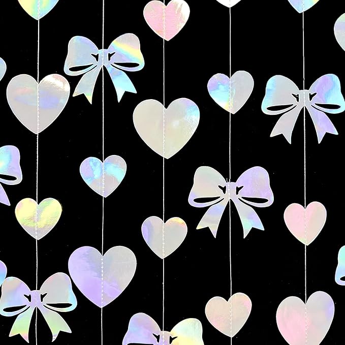 Iridescent Bow Decorations Holographic Paper Heart Bow Hanging Garland Streamer for Coquette Bachelorette Birthday Valentines Wedding Bridal Shower Engagement Anniversary Party Decorations Supplies