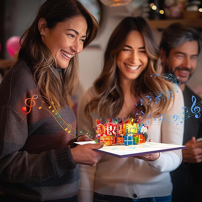 Flamingo Neon Music Playing Pop Up Happy Birthday Greeting Card with LED Light, Love Gift for Adult and Kid with Blank Note & Envelope, Celebration for Daughter, Son, Mom, Dad