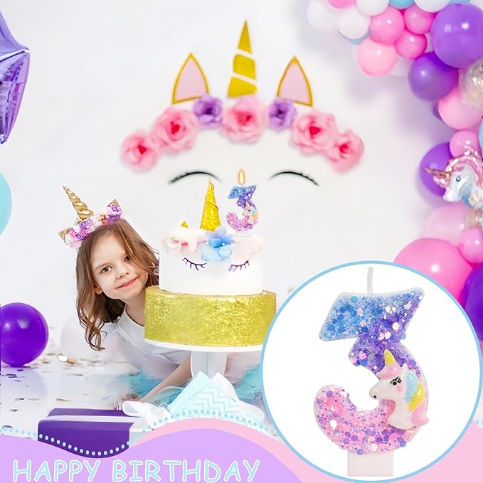 Unicorn Candle - Number 3 Candle, 3rd Birthday Decorations for Girls, Colorful Sequins Birthday Candles for Cake, Cartoon Unicorn Theme Party Decorations