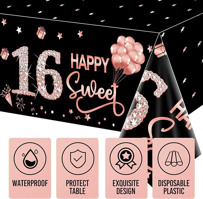 3 Pack Sweet 16th Birthday Tablecloth Decorations for Girls, Rose Gold Happy Sixteen Birthday Theme Table Cover Party Supplies, 16 Year Old Birthday Plastic Disposable Rectangular Table Cloth Decor