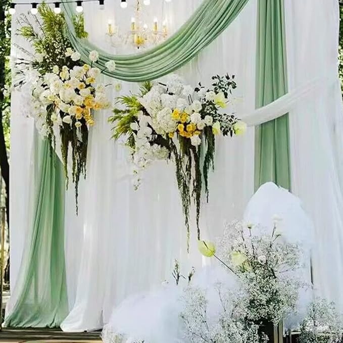 Sheer Chiffon Backdrop Curtains 10ft x 10ft(5ft x 2Panels)， Chiffon Fabric Drapes for Wedding, Long Sheer Curtain for Living Room, Arch Party Stage Decoration(Sage Green, 120 x 120 Inch)
