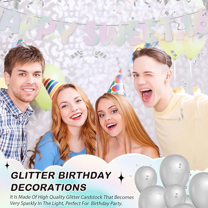 Fulmoon Pre Strung Happy Sweet 16 Banner Glitter Sixteenth Birthday Party Decorations 16th Party Sign Sweet 16 Party Decorations for Birthday Party Bachelorette Party(Glitter Silver)
