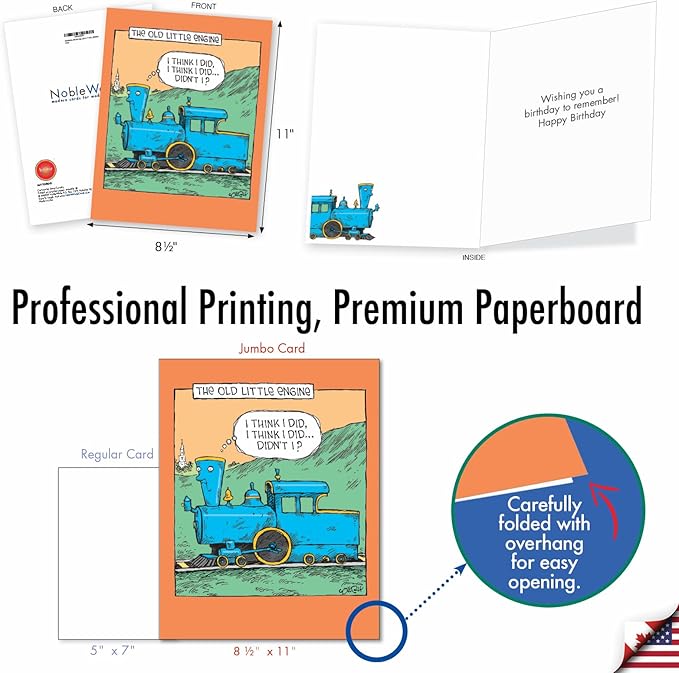 NobleWorks - Extra Large Funny Birthday Paper Card 8.5 x 11 Inch with Envelope (1 Pack) Oversize Jumbo Bday Old Little Engine J6955BDG