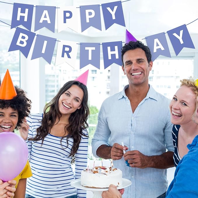 Grayish Blue Birthday Banner Sign Happy Birthday Bunting Banner Garland for Kids Girl Woman Tea Party Decorations Bunting Flag Party Supplies