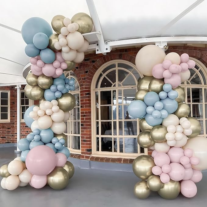 Gender Reveal Balloon Arch Kit, 100 PCS Dusty Pink Blue Balloons, Metallic Gold Sand White Balloons for Boy or Girl Gender Reveal Boho Birthday Wedding Baby Shower Bridal Bear Theme Party Decorations