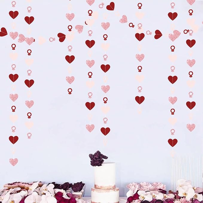 Rose-Gold Pink Burgundy-Red Heart-Ring Garland - 52Ft Engagement Bachelorette Party Decorations Wedding Paper Streamers Banner, Valentines Day Galentines Proposal Decor Lasting Surprise