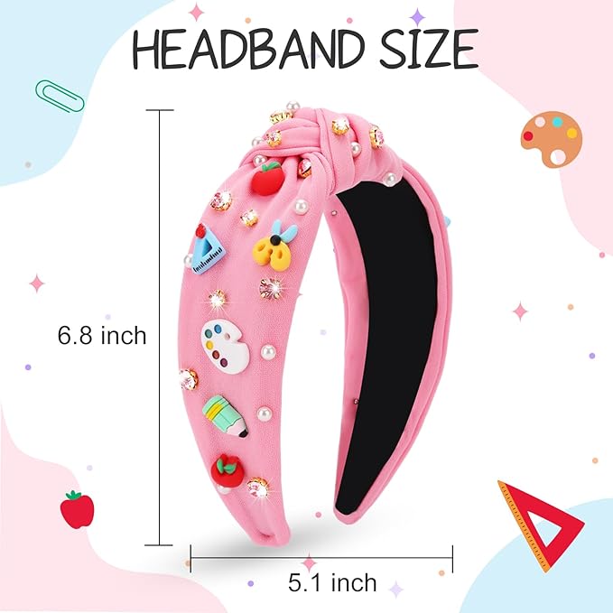 Teacher Headbands for Women, Teacher Appreciation Gifts, Pearl Rhinestone Back to School Headband for Girls, Jeweled Top Knot Embellished Hairband,Teachers Hair Accessories Outfits (Pink)