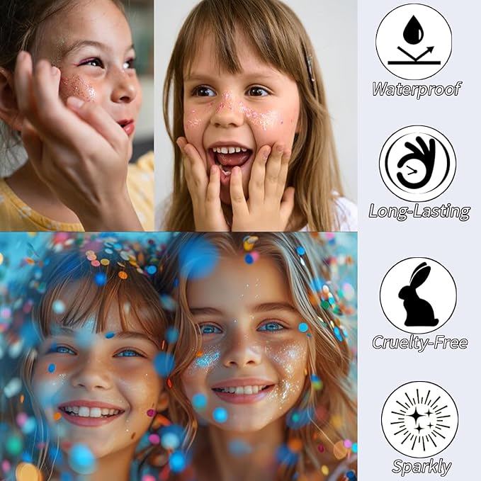 Rainbow White Hair Glitter Stick for Kids,Mermaid Fairy Costume Body Face Glitter, Singer Concert Cosplay Glitter Makeup,Waterproof Sequins Rave Accessories,Mardi Gras Outfit for Women
