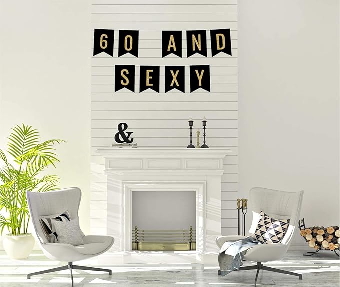 Andaz Press Faux Gold Glitter on Black Birthday Party Banner Decorations, 60 and Sexy, Approx 5-Feet, 1-Set, 60th Birthday Milestone Colored Hanging Pennant Decor