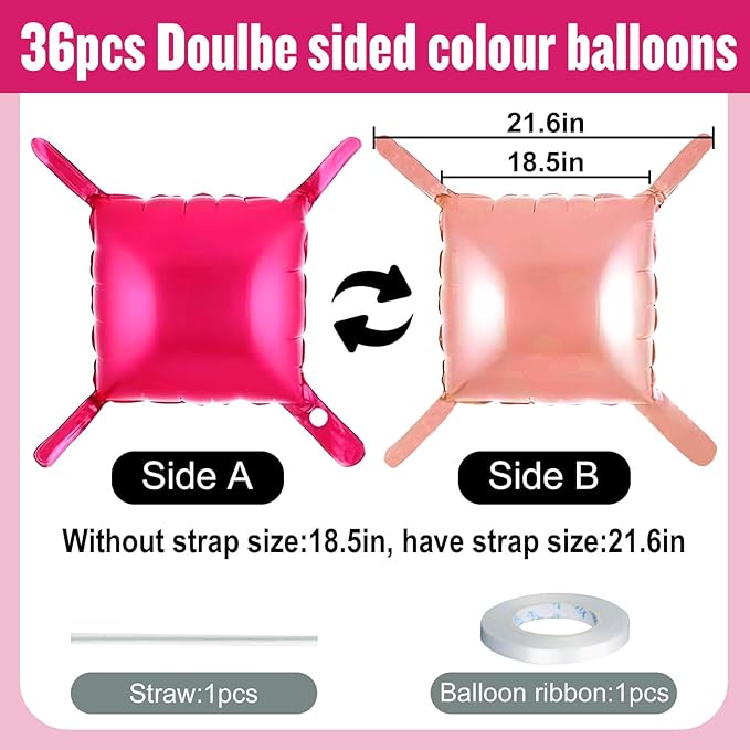 36Pcs Hot Pink and Rose Gold Square Foil Balloons Wall Backdrop, Double Sided Metallic Foil Balloons Tunnel Arch Garland Kit for Photo Booth Birthday Wedding Halloween Christmas Party Decorations