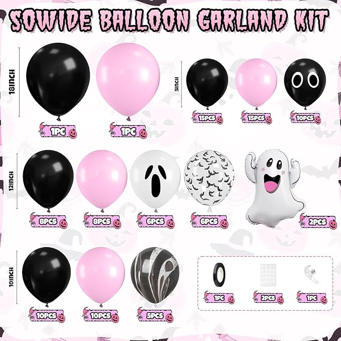 Halloween Balloon Arch Garland Kit, Black and Pink Balloons Ghost Foil Bat Balloons for Family,Halloween Party Background Classroom Decorations Cosplay Theme Party