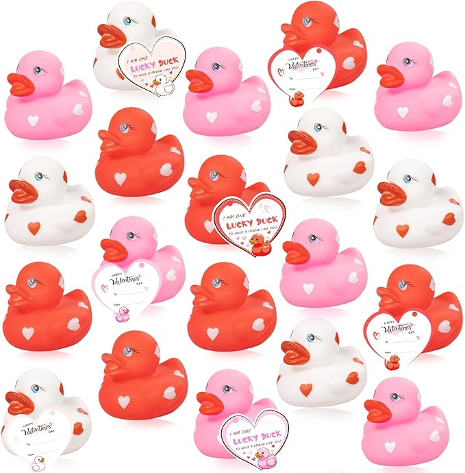 20pcs Rubber Ducks with Cards Gift Valentines Day Party Favors Small 2.36” Assorted Pink Red White Squeaky Duckies in Bulk with Love Heart Cards Treats Giveaways for Kids Cupcake Topper
