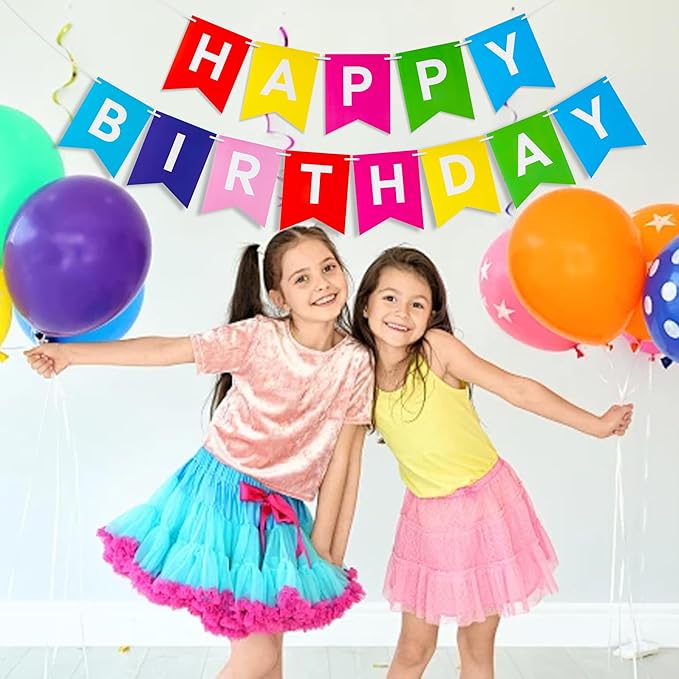 Rainbow Happy Birthday Banner - Hanging Backdrop Sign with White Letters, Bunting Rainbow Birthday Decorations for Women men Kids Baby Shower Party Supplies (13pcs)