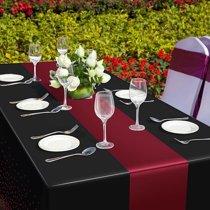 1Pcs Black and Maroon Tablecloth Party Decorations,Plastic Black Table Cloth Printed Maroon Table Runner Disposable Rectangle Table Cover for Birthday Wedding Graduation Anniversary Party,54x108Inch