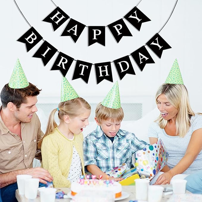 Happy Birthday Banner, Black Happy Birthday Decorations Birthday Sign for Birthday Party Backdrop Decor, Black Happy Birthday Sign Party Hanging Supplies for Girls Boys and Women