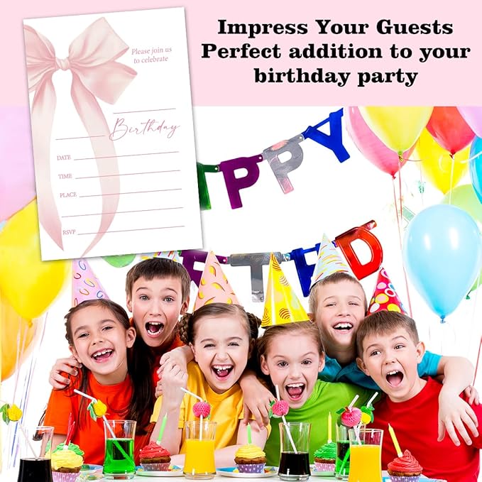 Pink Bow Birthday Invitation Cards For Girls Adult Teens, Birthday Party Supplies Favors, 20 Fill-In Invitation Cards with Envelopes -24