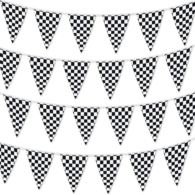 Checkered Flags Black and White 100’ FT Pennant Racing Banner | NASCAR Theme Party Decoration Plastic Flag | Race Car Parties Décor | Decorative Birthday BBQ Bar Hanging Accessories | 2-Pcs Banner Set