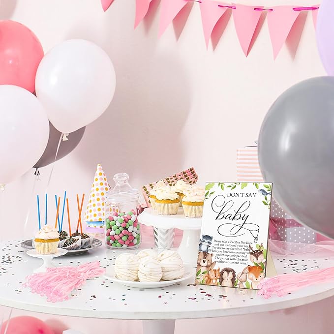 Geetery 51 Pcs Don't Say Baby Game Sign Cool Baby Shower Game 50 Pacifier Necklace Wooden Don't Say Sign Plastic Pacifier Party Favor for Gender Reveal(Woodland,Pink)